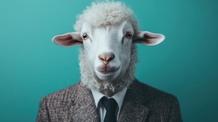 An elegantly styled goat with curly fur dressed in a tweed suit and tie, creating a playful and sophisticated image through its unique artistic expression.