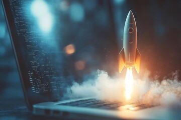 Laptop launching rocket amidst digital code display.