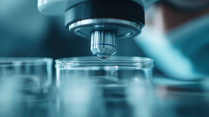 Poster - A microscope lens poised over samples, highlighting the critical role of technology and research in understanding microscopic elements and biological science.