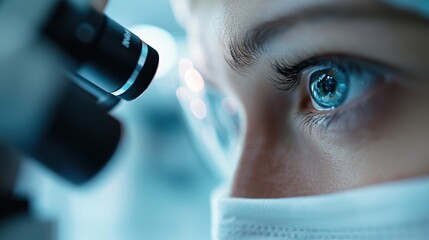 Poster - A scientist closely observing through a microscope, illustrating the dedication and meticulous observation needed in scientific and medical advancements.
