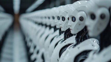 Poster - Rows of robots stand lined up with a focus on the front, highlighting modern technology, synchronization, and manufacturing processes in the robotics industry.