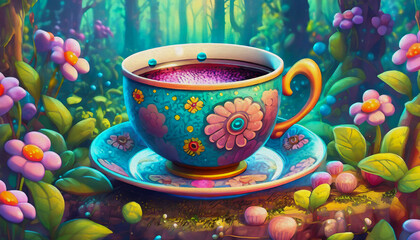 oil painting style cartoon illustration  cup of tea