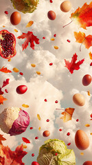 Poster -   A plane soars through a cloudy sky, surrounded by falling autumn leaves and other seasonal produce drifting in the breeze