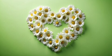 Wall Mural - Beautiful Heart-Shaped Arrangement of White Daisies on a Soft Green Background for Spring Decor