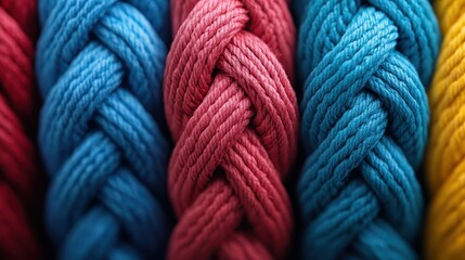 Poster - Five distinct, woven strands showcase a palette of vivid color combinations in blue, red, and yellow, highlighting intricate textile artistry and blend harmony.