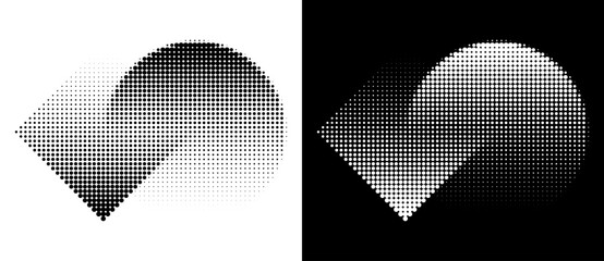 Poster - Circle and rhombus with transition or union. Halftone dotted abstract background. Black shape on a white background and the same white shape on the black side.