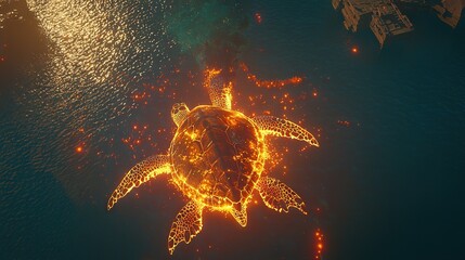 Sticker -   An aerial view of a sea turtle in a body of water with lights on its back