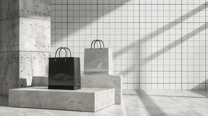 Two shopping bags mockup on concrete blocks with geometric tiled wall. Monochromatic shoppingbags template advertising image. Retail merchandise product mock up photorealistic