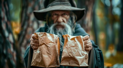 Mysterious elder wizard holding two paper bags mockup in forest. Fantasy character paperbags template advertising image. Magical ambiance packages mock up product photorealistic