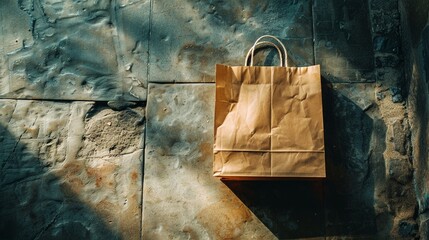 Wall Mural - Brown paper bag mockup with rope handles lies on textured stone surface. Soft shadow in afternoon light paperbag template advertising image. Packaging mock up product photorealistic