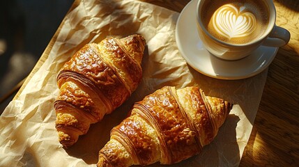 Poster -   A few croissants resting on a table near a cup of cappuccino