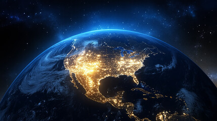 Poster -  Earth from space, showing North America with city lights glowing at night. 