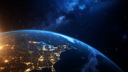 Poster -  Earth from space, showing North America with city lights glowing at night. 