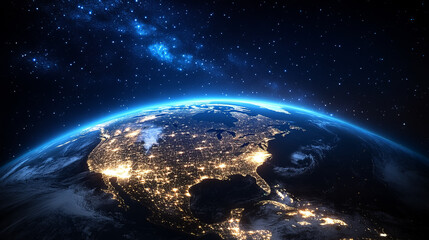 Poster -  Earth from space, showing North America with city lights glowing at night. 