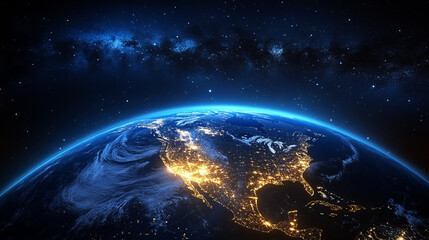 Poster -  Earth from space, showing North America with city lights glowing at night. 
