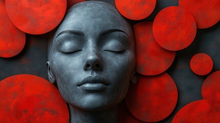 Canvas Print - A serene, stylized human face surrounded by vibrant red circles.