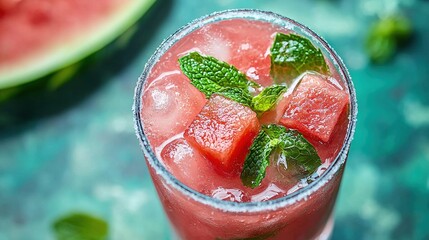 Poster -   A close-up shot of a drink in a glass featuring a refreshing slice of watermelon and mint on the side