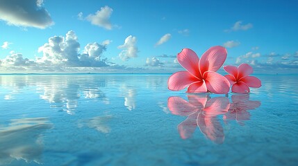 Poster -   A Pink Flower in a Body of Water with Clouds and Blue Sky in the Background