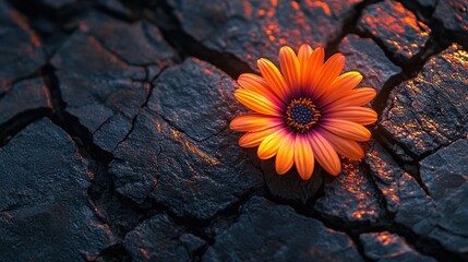 Poster -   An orange flower blooms atop a fissure in the earth, illuminated by sunlight filtering through the crevice