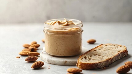 Canvas Print -   A jar of peanut butter sits on a table next to two slices of bread