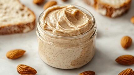 Sticker -   A jar of peanut butter sits atop a table, adjacent to sliced almonds and bread