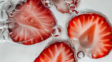 Canvas Print -   Close-up of strawberries in water with droplets on top and bottom