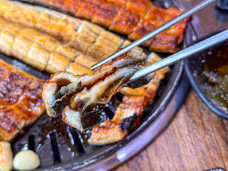 Korean food. Grilled eel. Three flavors. Spicy sauce, salt, soy sauce