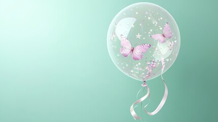 Poster -   A balloon adorned with pink butterflies floats in the sky, secured by a white ribbon