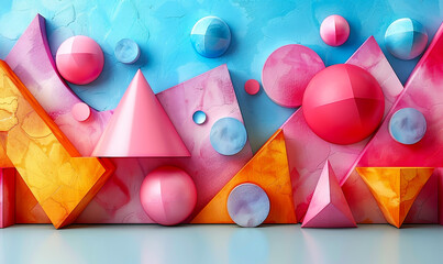 Poster - Colorful 3D Abstract Geometric Shapes on Blue Pastel Background, Surreal Artistic Composition, Modern Design Elements for Creative Visuals