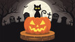© Alexander - Carved pumpkin with bat silhouette, black cat gazing at full moon in graveyard.