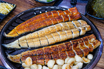 Korean food. Grilled eel. Three flavors. Spicy sauce, salt, soy sauce