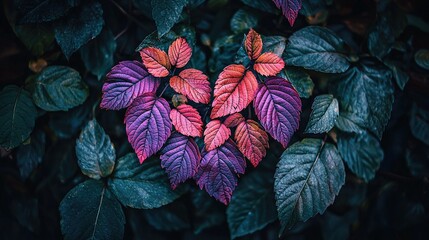 Poster -   A heart-shaped arrangement of purple and red leaves on a dark green background with dark green leaves forming a heart shape