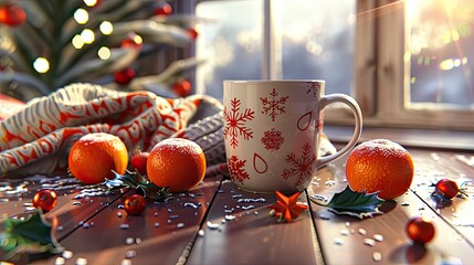 Poster - A mug with Christmas motifs sits on top of two knitted scarves