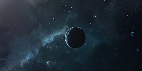 Wall Mural - distant planet and asteroids in deep space with a starry sky background. outer space and astronomy c