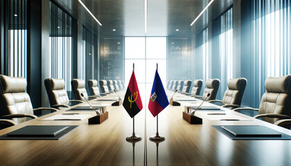 A modern conference room with Angola and Haiti flags on a long table, symbolizing a bilateral meeting or diplomatic discussions between the two nations.