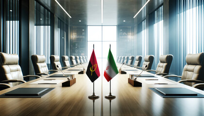 A modern conference room with Angola and Iran flags on a long table, symbolizing a bilateral meeting or diplomatic discussions between the two nations.