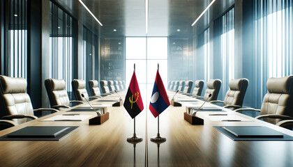 A modern conference room with Angola and Laos flags on a long table, symbolizing a bilateral meeting or diplomatic discussions between the two nations.