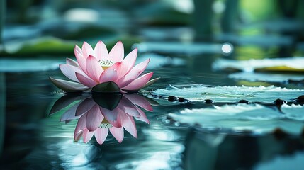 Poster -   A pink flower floating atop a calm body of water surrounded by lily pads and trees in the background