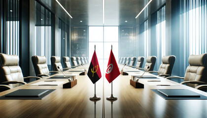 A modern conference room with Angola and Tunisia flags on a long table, symbolizing a bilateral meeting or diplomatic discussions between the two nations.