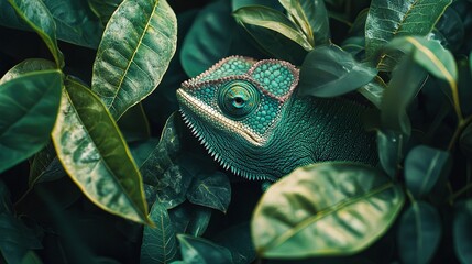 Sticker -   A macro shot of a green chameleon perched on a verdant leafy branch surrounded by an array of lush greenery