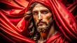 © Man888 - Jesus figure draped in a flowing red sash, symbolizing sacrifice, spirituality, and devotion in art