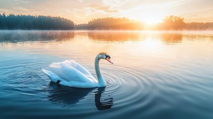 Wall Mural -   A white swan gliding atop a lake beside a foggy forest with the sun shining behind