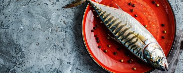 Wall Mural - Top view of two whole mackerels on a vibrant red plate against a textured background. Free copy space for banner.