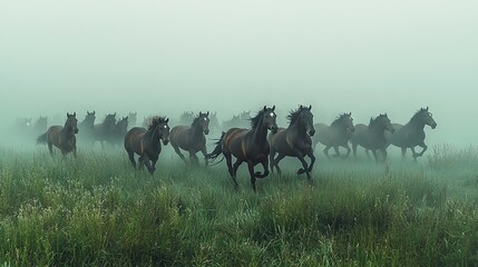 Canvas Print -   A group of horses gallop through a field shrouded in fog during midday, surrounded by towering blades of grass