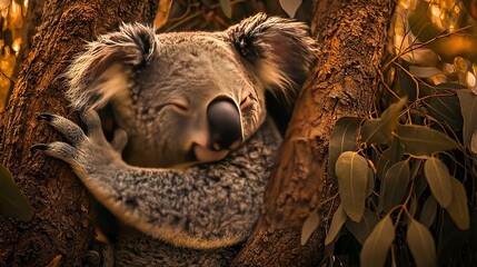 Sticker -   Koala sitting on a leafy tree branch