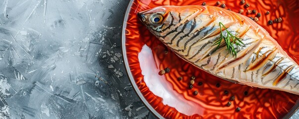 Top view of two whole mackerels on a vibrant red plate against a textured background. Free copy space for banner.