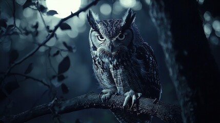 Poster -   An owl on a tree branch in a dark forest beneath a glowing moon