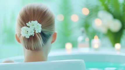 Wall Mural - A woman practices self care by taking a relaxing bath, with candles and essential oils, emphasizing the importance of personal time for rejuvenation.