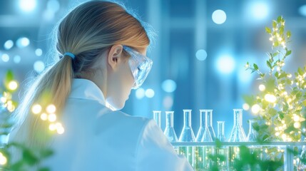 Canvas Print - A scientist working in a lab with beakers and equipment, highlighting the role of research and development in innovation.