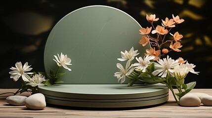 minimalist white stone podium with delicate flowers on pastel green product display.